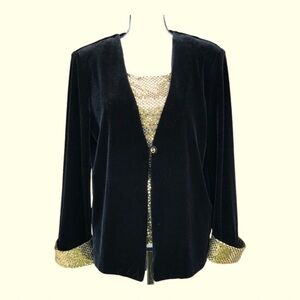 R&K Evening Jacket Top Sequin Long Sleeve Black Gold Velvet Blouse‎ Mediu…